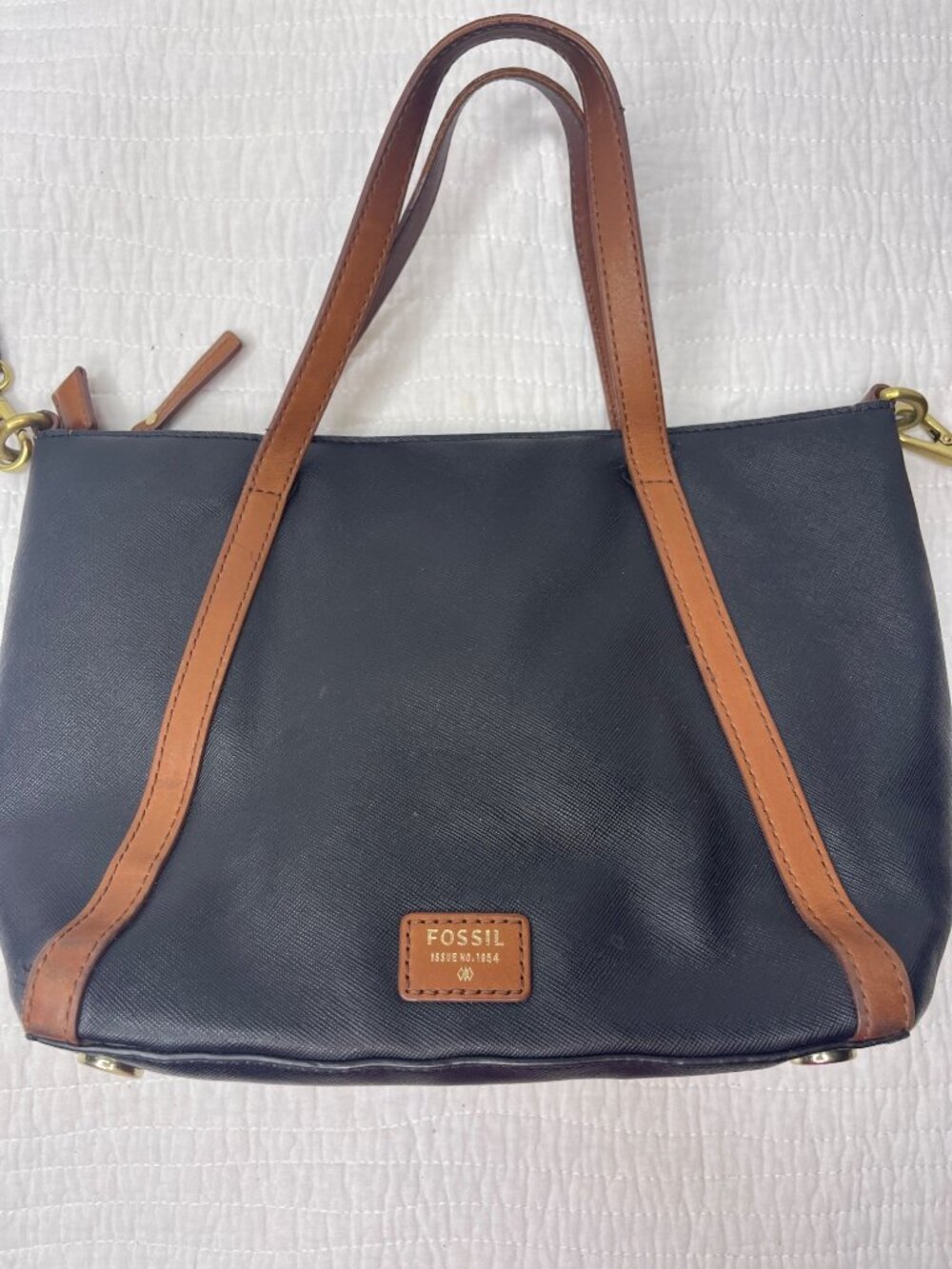 Fossil 1954 Black Brown Leather-Trimmed Classic Tote Bag Crossbody Strap - Picture 5 of 16